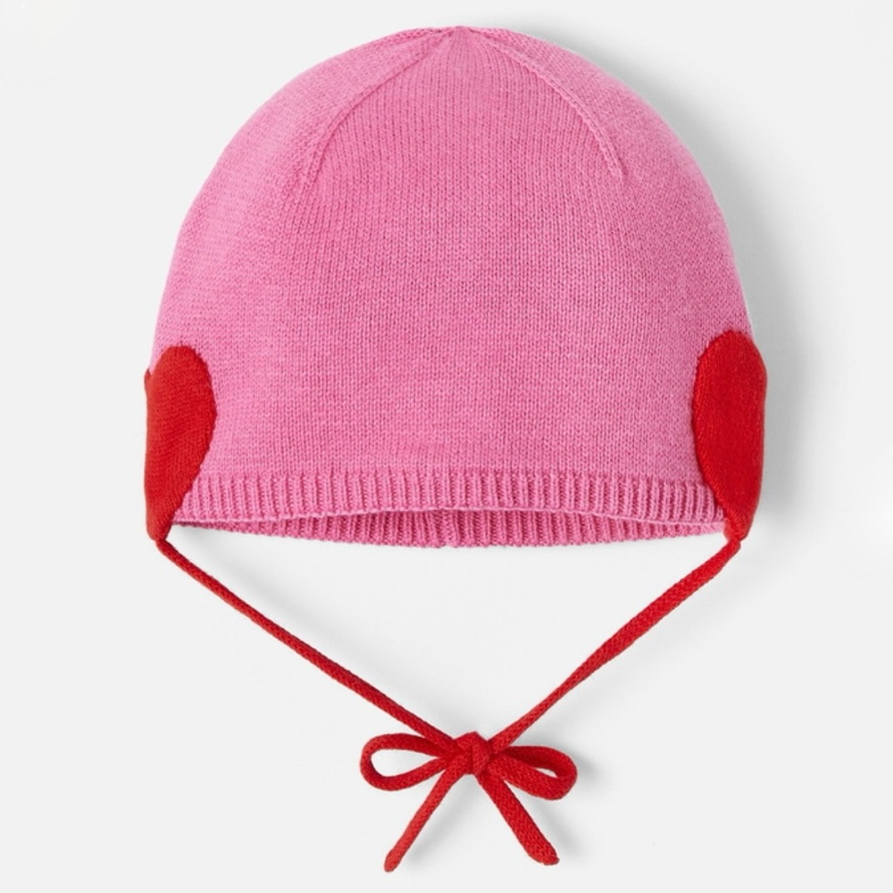 Jacadi Baby Girls Pink Knitted Winter Hat with Red Heart Ear Flaps - Size 12M
